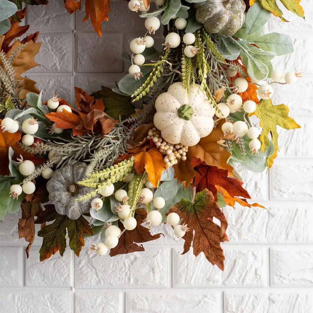 Autumn Wreath with Pumpkins and Maple Leaves – Fall Door Decor