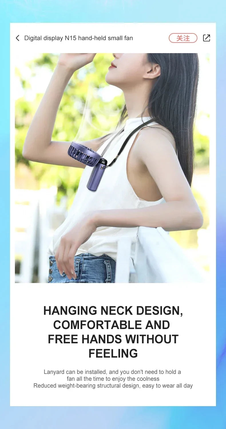 Portable Mini Fan 5000mAh – Wireless USB Rechargeable with Digital Screen and Phone Holder, 5-Speed Neck Hanging Design