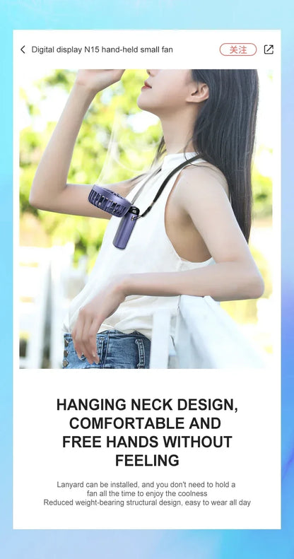 Portable Mini Fan 5000mAh – Wireless USB Rechargeable with Digital Screen and Phone Holder, 5-Speed Neck Hanging Design