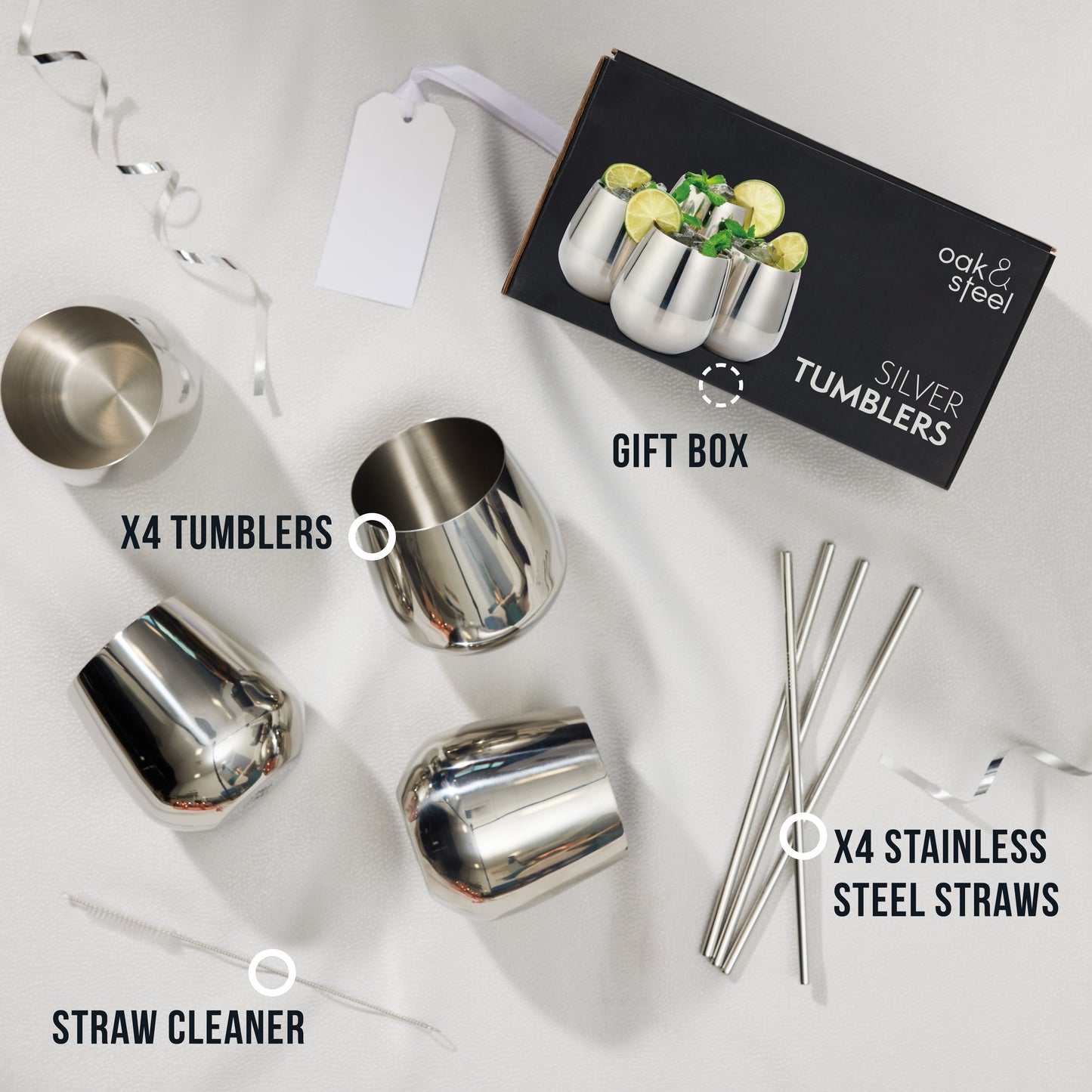 Silver Tumblers Made of Stainless Steel with Included Straws
