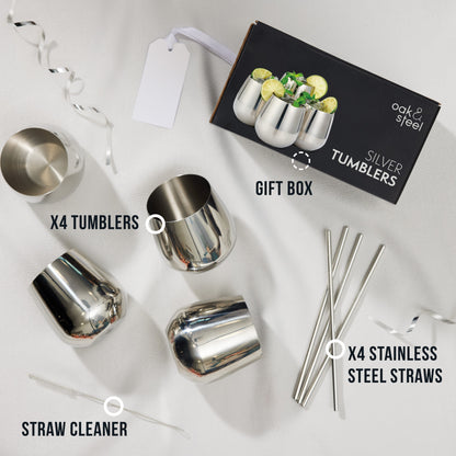 Silver Tumblers Made of Stainless Steel with Included Straws