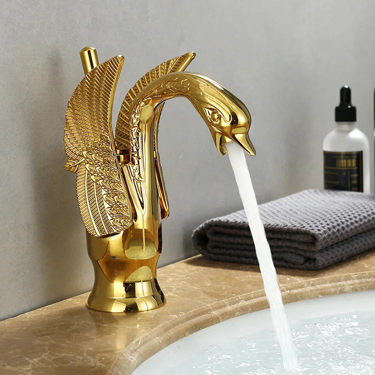 Single Handle Golden Basin Faucet in Swan Design