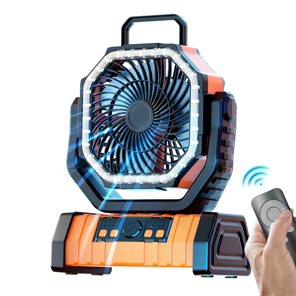 Portable 20000mAh Rechargeable Fan with LED Light & Hook for Outdoor Use