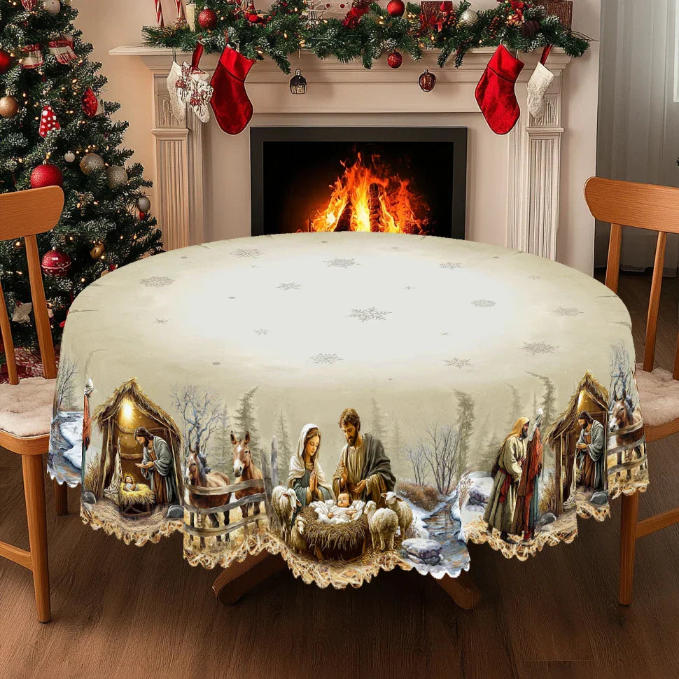 Christmas Tablecloth with Nativity Scene | Round and Rectangular | Easy Care and Wipeable Indoor/Outdoor Decoration