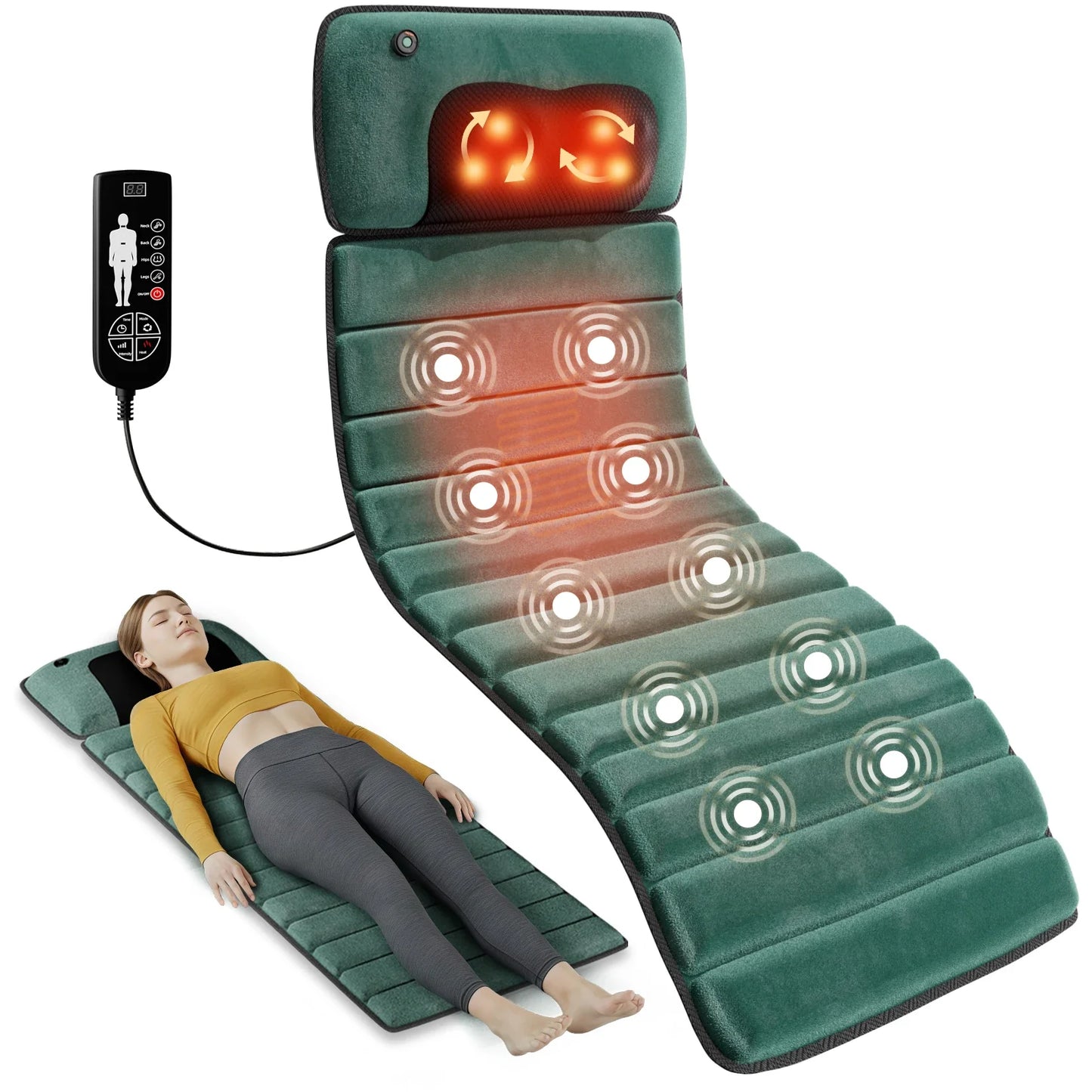 Heat-Enhanced Full Body Massage Mat – 10 Vibration Motors, 9 Settings, Removable Neck Pillow & Foot Massager