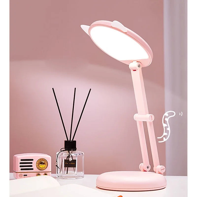 Portable Pink Cat Ear Desk Lamp - Foldable Eye-Caring Night Light for Study