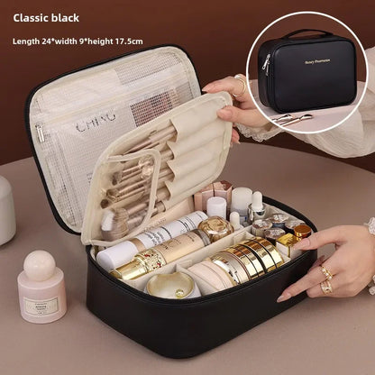 Large Waterproof Cosmetic Bag - Flexible Organizer in Rose/Black PU Leather