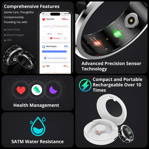 Fitness Tracking Ring with Rotating Spinner | Monitors Heart Rate, Sleep, Activity, 60-Day Battery Life, App Compatibility & Charging Case