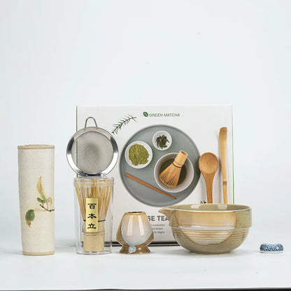 Standard Size 7-Piece Ceramic Matcha Bowl and Whisk Set for Tea Ceremony