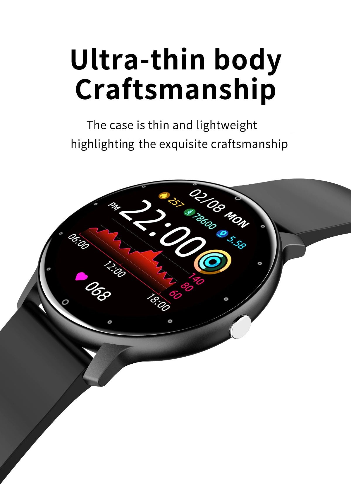 Slim Smartwatch with Full Touchscreen – Health Monitoring & Waterproof
