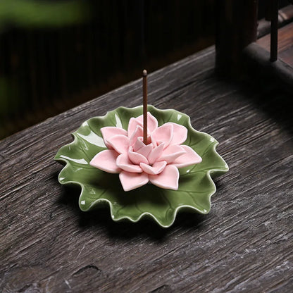Handcrafted Ceramic Incense Stick Holder with Lotus Leaf Design – Aroma Diffuser