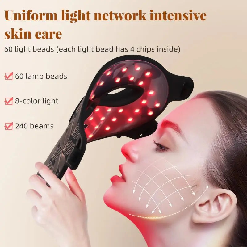 LED Face and Neck Mask with 8 Colors, 480 Lights, Rechargeable Battery, Silicone Design & Timer Options of 10/20/30 Minutes