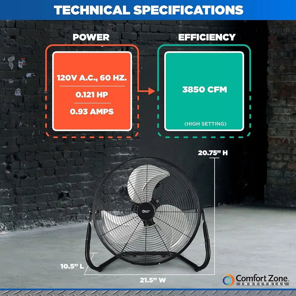 18-Inch High-Velocity Floor Fan – Adjustable Tilt with 3 Speeds and Handle