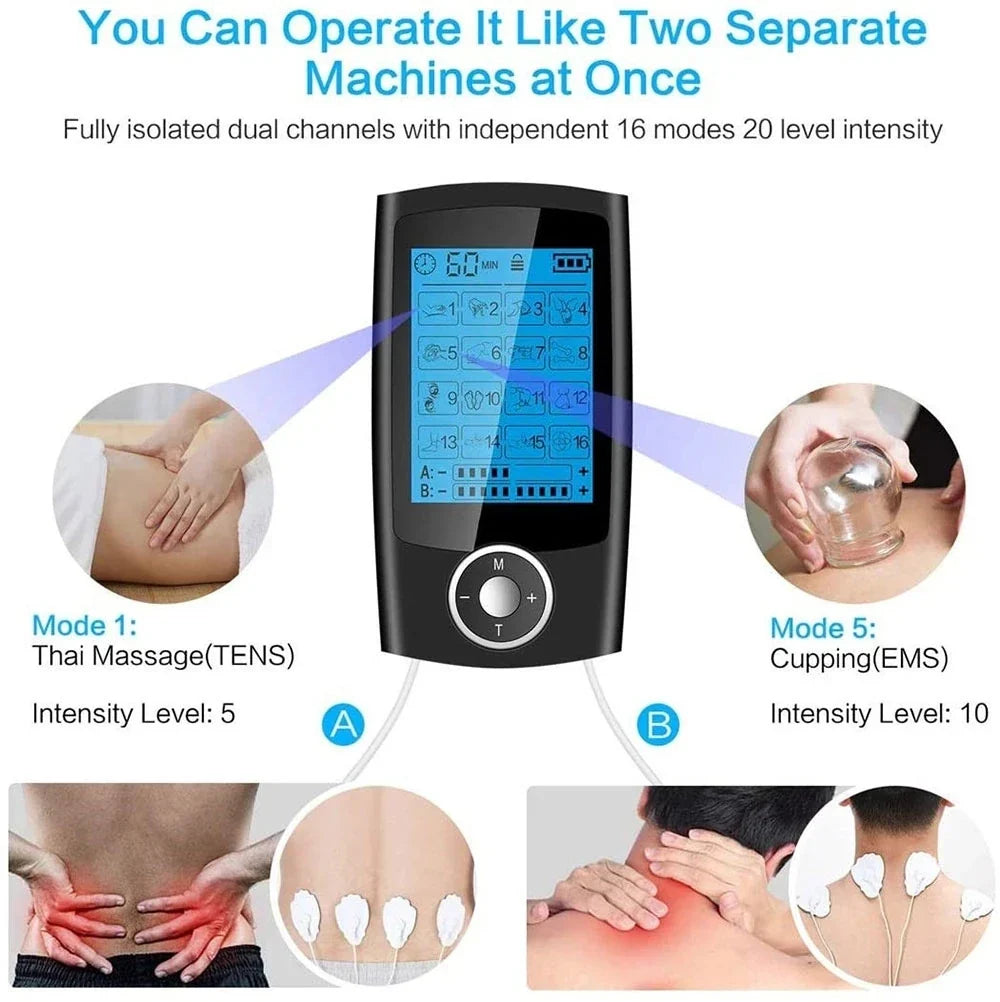 Rechargeable Muscle Stimulator with Dual-Channel TENS & EMS – 16 Modes, 10 Intensities