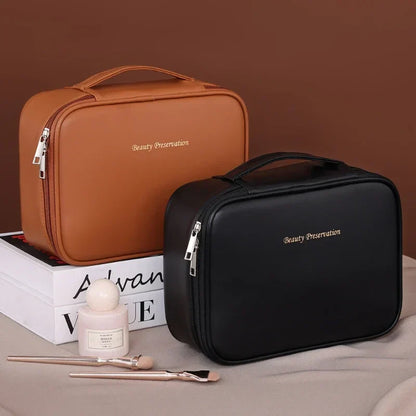 Large Waterproof Cosmetic Bag - Flexible Organizer in Rose/Black PU Leather