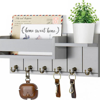 Wooden Key Holder with Shelf | Wall-Mounted Organizer Featuring 6 Hooks