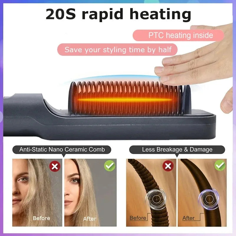 Hair Straightening Brush with LED Temperature Display & Anti-Scald Protection | 360° Rotating Cable