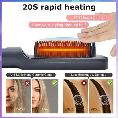 Hair Straightening Brush with LED Temperature Display & Anti-Scald Protection | 360° Rotating Cable