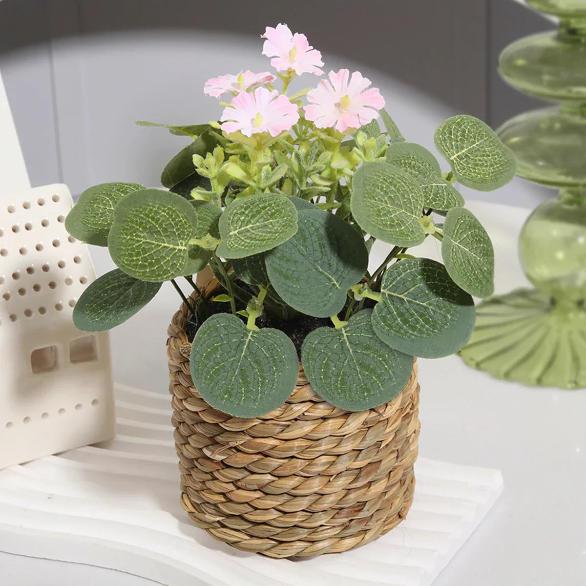 Mini Artificial Eucalyptus with Flowers | 11 cm | Includes Woven Basket | Easy-Care Indoor Decoration