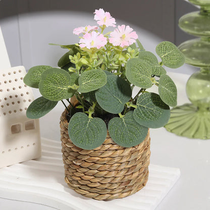 Mini Artificial Eucalyptus with Flowers | 11 cm | Includes Woven Basket | Easy-Care Indoor Decoration