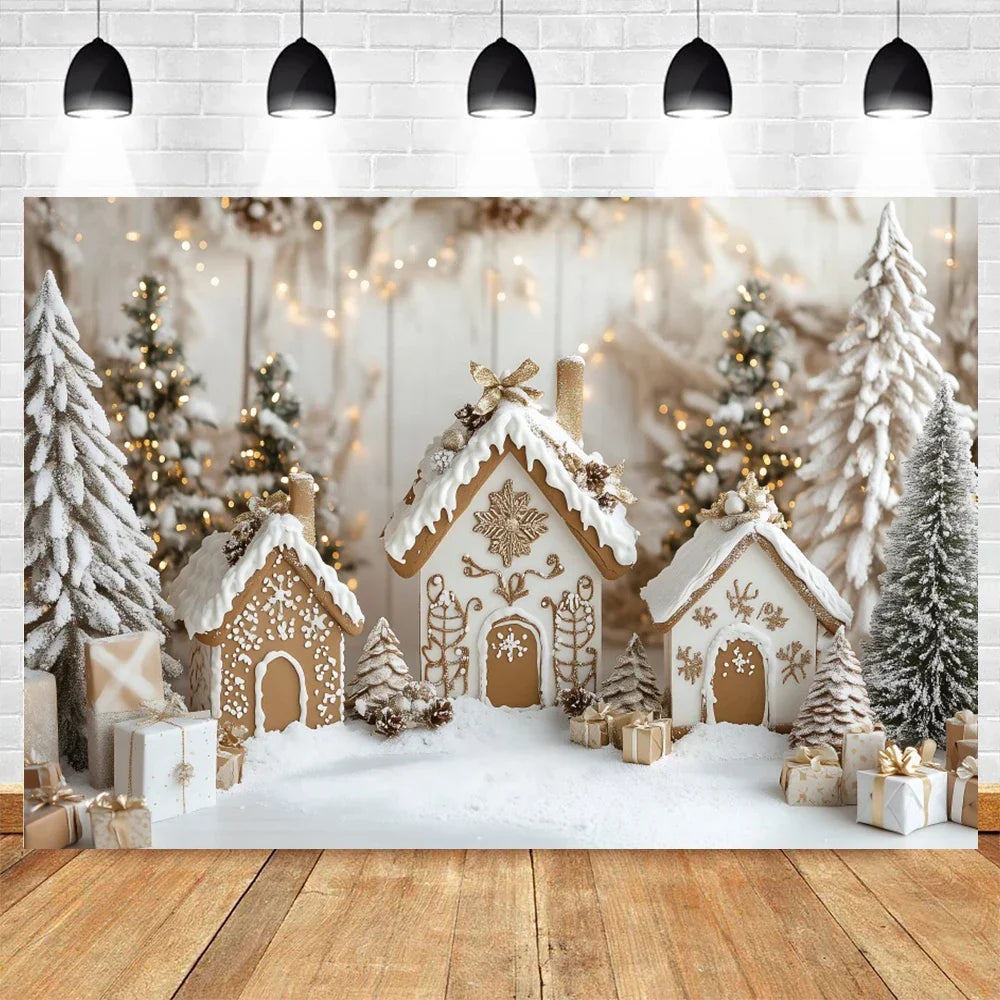 Christmas Photo Backdrop - Miniature House and Tree for Family & Kids Portraits - Vinyl/Polyester/Fleece - 300×200 cm