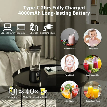 USB Rechargeable Smoothie Maker - Portable Blender with 4000mAh Battery