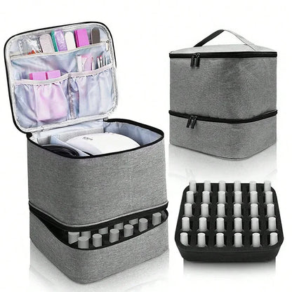 Portable Cosmetic Bag for Women | Double-Tier Nail Polish Holder | Travel Case