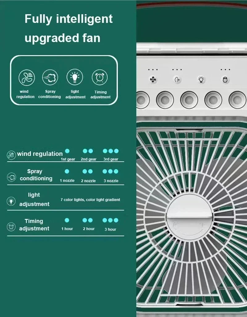 Portable 3-in-1 Air Conditioner Fan – Mini Cooler with LED Light, Humidifier, Adjustable Air for Home & Office