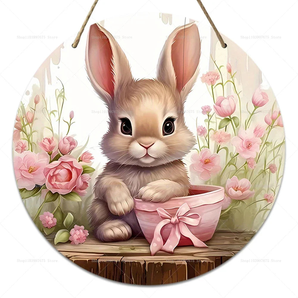 Spring Wooden Door Decoration - Rustic Bunny Wall Sign