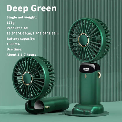 Compact Fan with 5 Speed Settings | 3000 mAh Rechargeable Battery | Foldable Design with LED Display