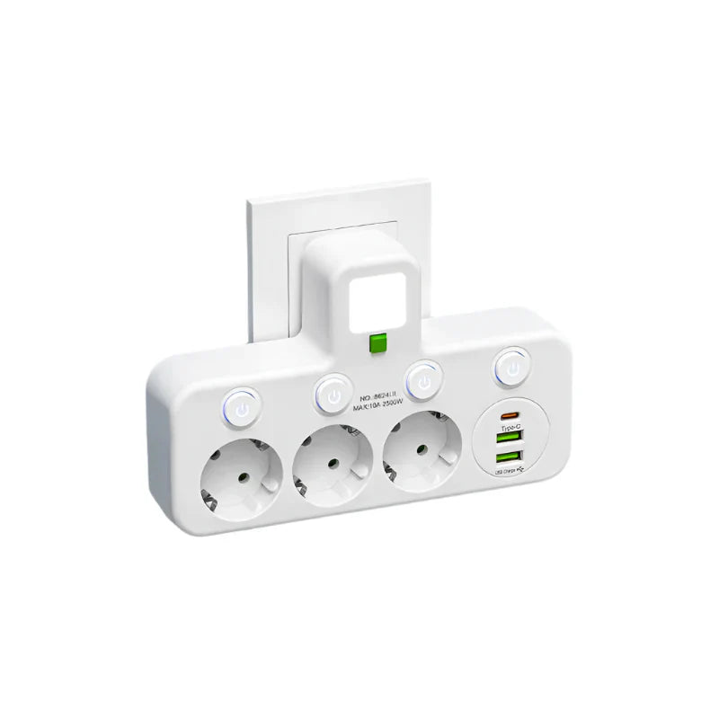 Power Strip with 3-4 Outlets + 2 USB & 1 Type-C | 2500 W | Surge Protection & Switch