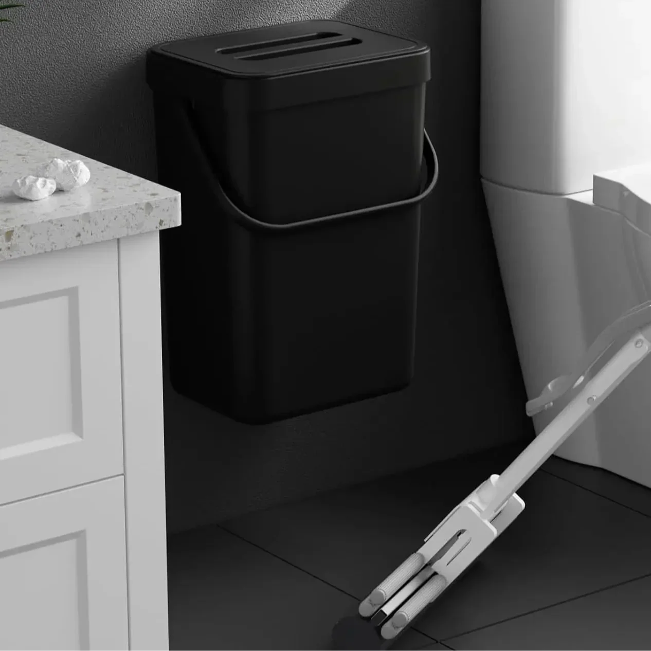 Compact Hanging Mini Trash Bin with Lid and Carry Handle for Kitchen and Bathroom