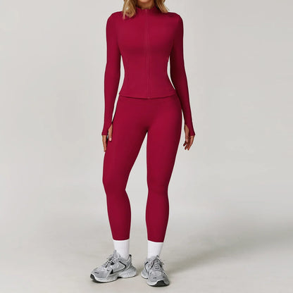 Women's Long Sleeve Sports Bra and Leggings Workout Set - Seamless Yoga Outfit with Breathable Stretch Material