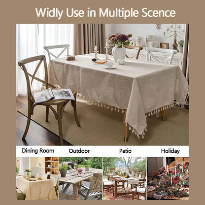 Cotton-Linen Rectangular Tablecloth with Tassels for Dining & Coffee Tables