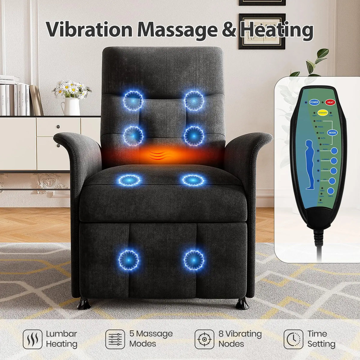 Electric Recliner Chair with Massage and Heat – 8 Vibration Nodes, Footrest & Side Pockets
