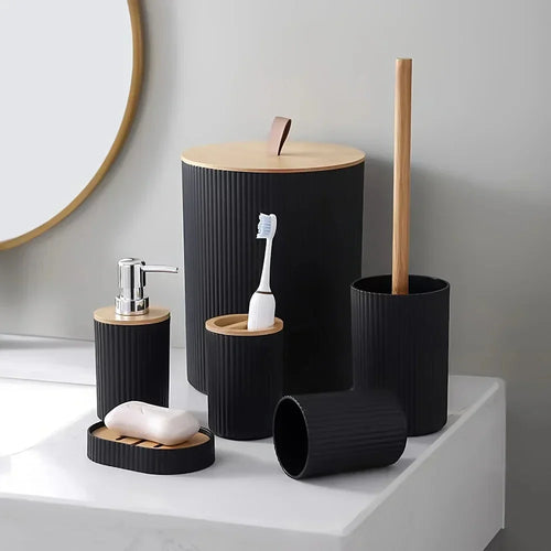 Elegant 6-Piece Bathroom Accessory Collection with Bamboo Touches