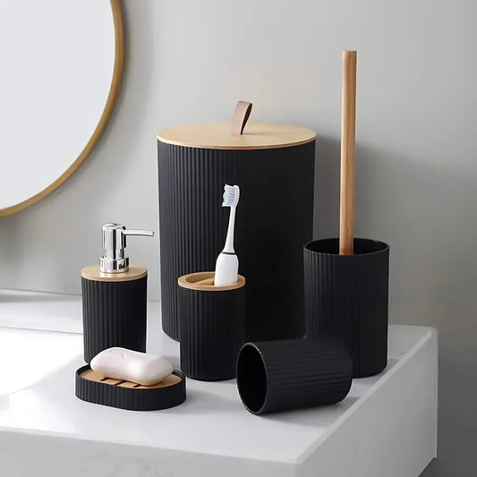 Elegant 6-Piece Bathroom Accessory Collection with Bamboo Touches