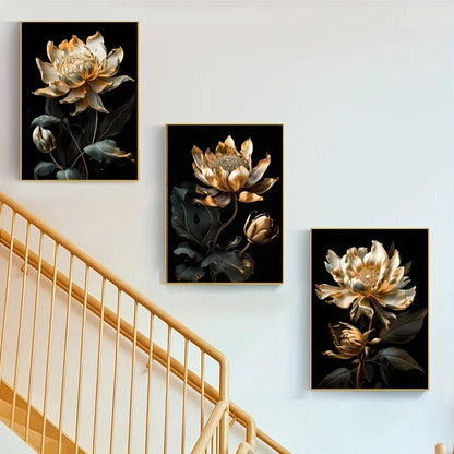 Modern Botanical Canvas Prints - Black and Gold Floral Wall Art for Home Decor