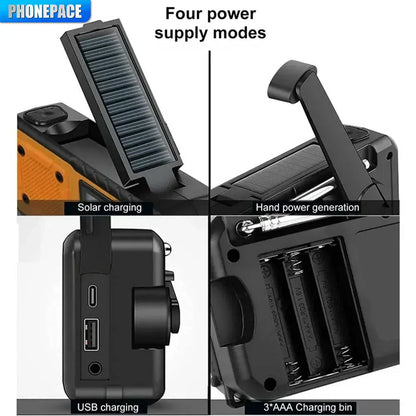 4-in-1 Emergency Solar Radio with SOS Alarm, LED Light & Power Bank – USB, Hand Crank & Solar Charging