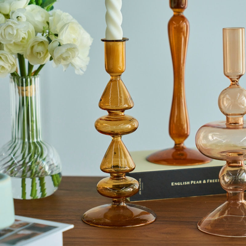 Contemporary Glass Candle Holder in Amber Color