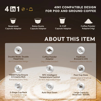 Multi-Function Coffee Maker for Nespresso, K-Cup & Dolce Gusto - 19-Bar Espresso with Hot Water Option