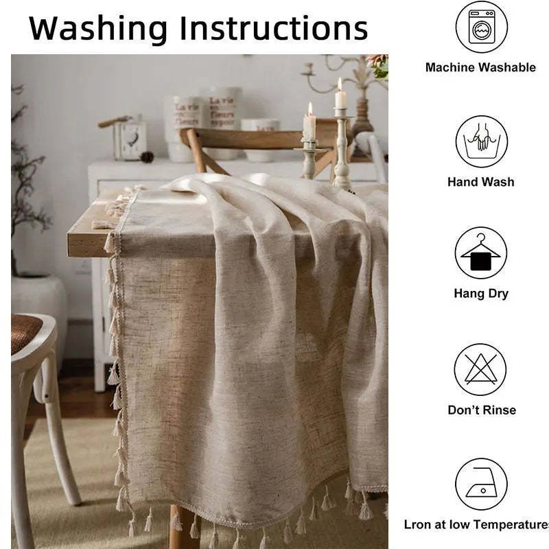 Cotton-Linen Rectangular Tablecloth with Tassels for Dining & Coffee Tables
