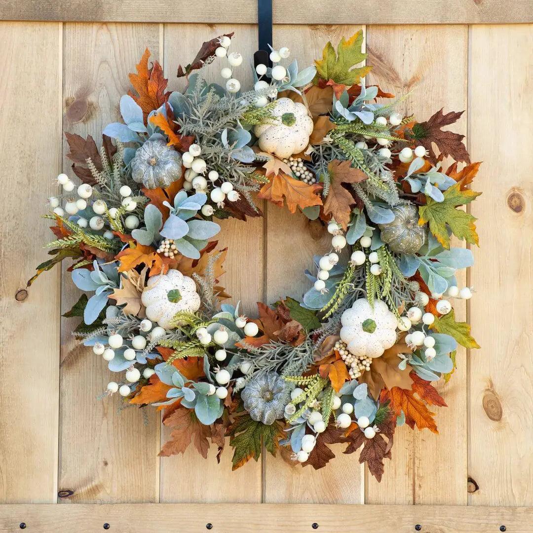 Autumn Wreath with Pumpkins and Maple Leaves – Fall Door Decor