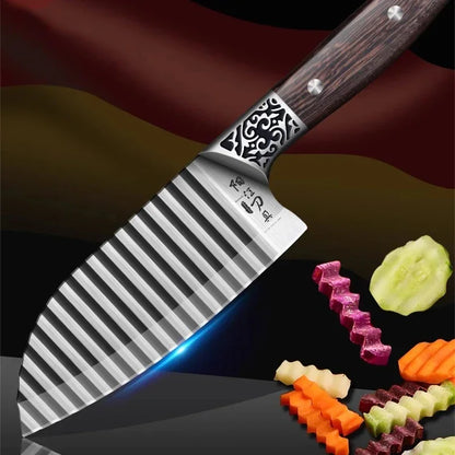 Kitchen Knife with Ribbed Blade and Wooden Handle