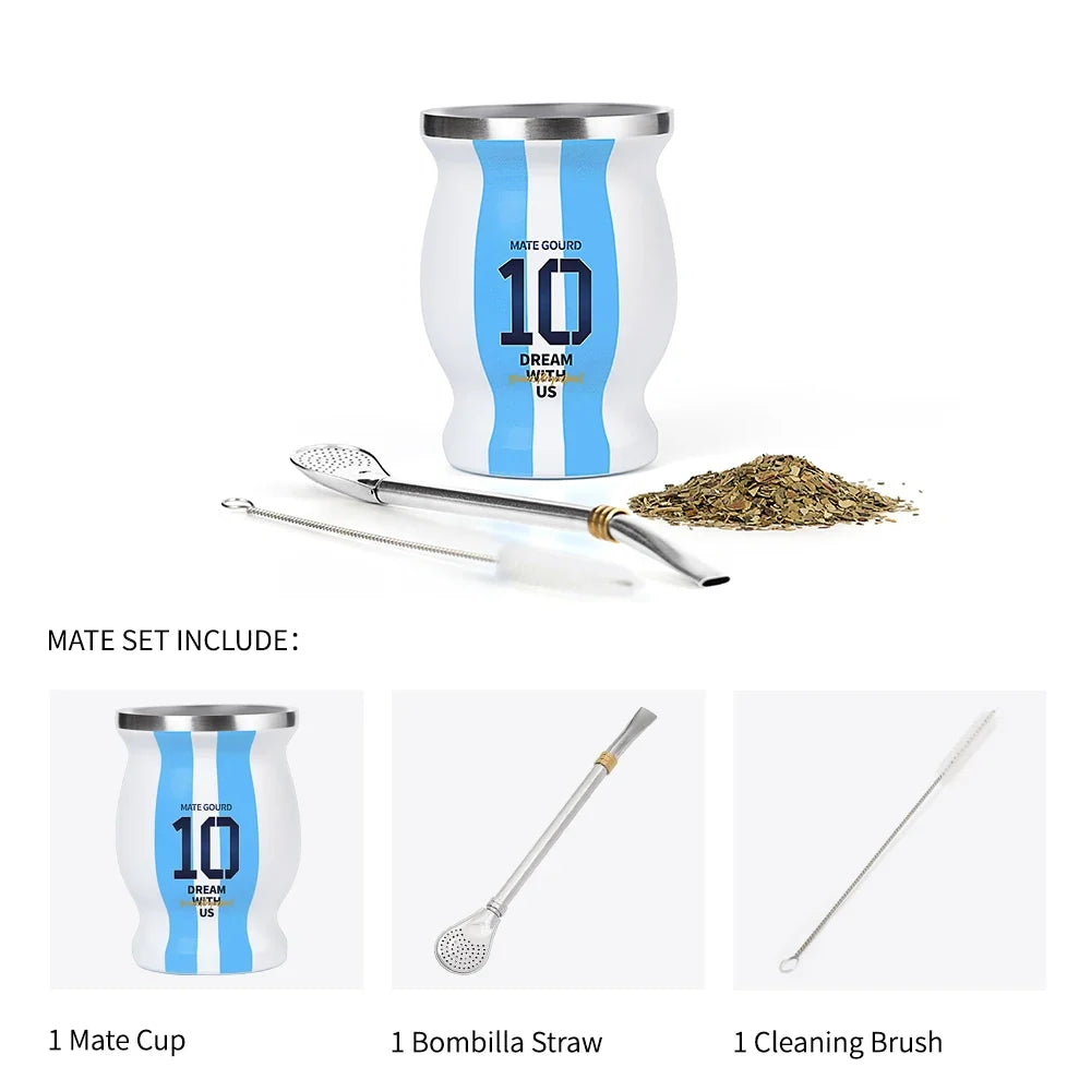 Stainless Steel Mate Gourd Set with Bombilla Straw & Cleaning Brush