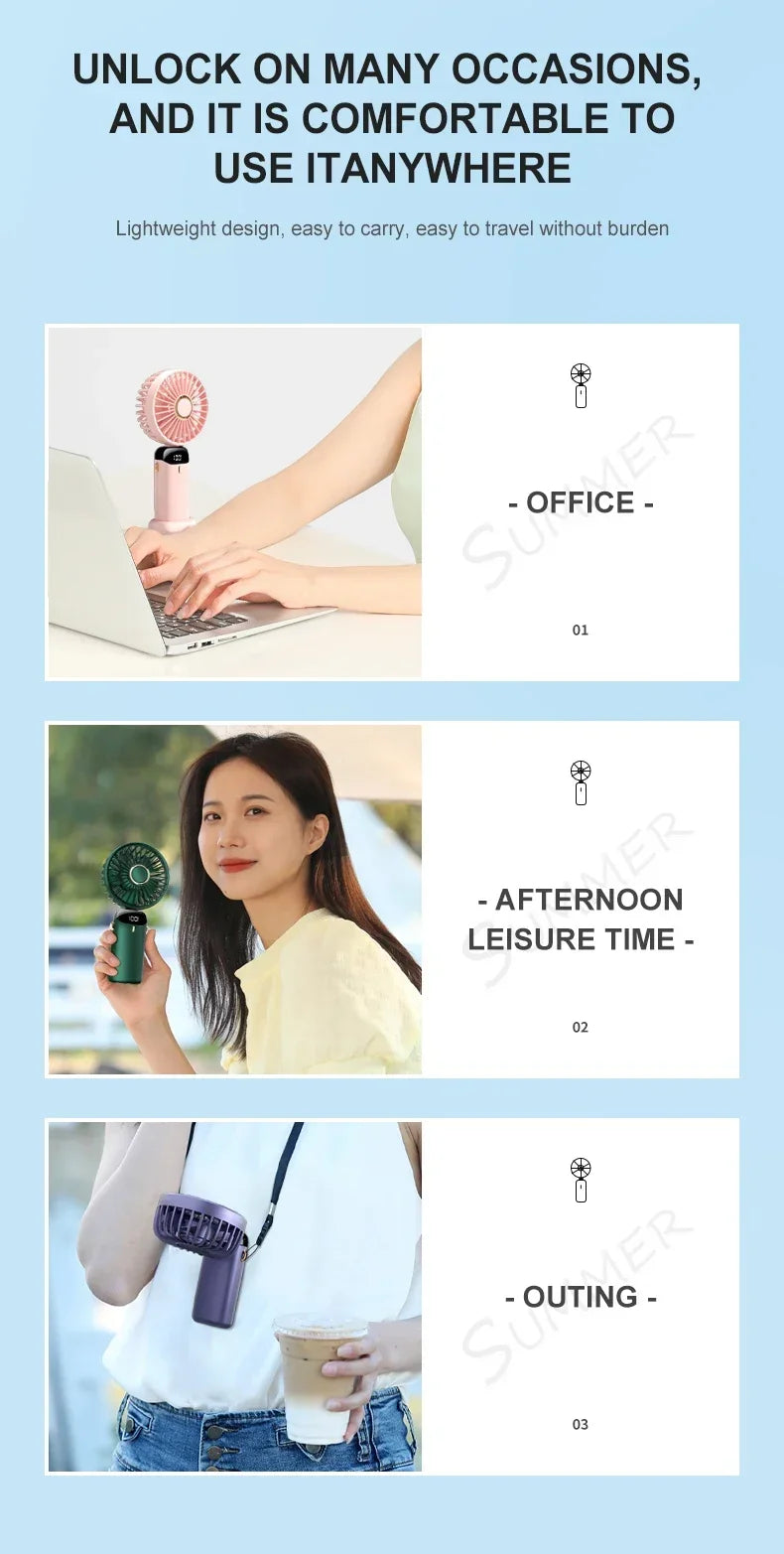 Portable Mini Fan 5000mAh – Wireless USB Rechargeable with Digital Screen and Phone Holder, 5-Speed Neck Hanging Design