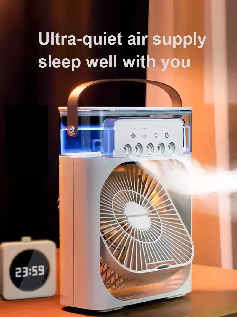 Portable 3-in-1 Air Conditioner Fan – Mini Cooler with LED Light, Humidifier, Adjustable Air for Home & Office