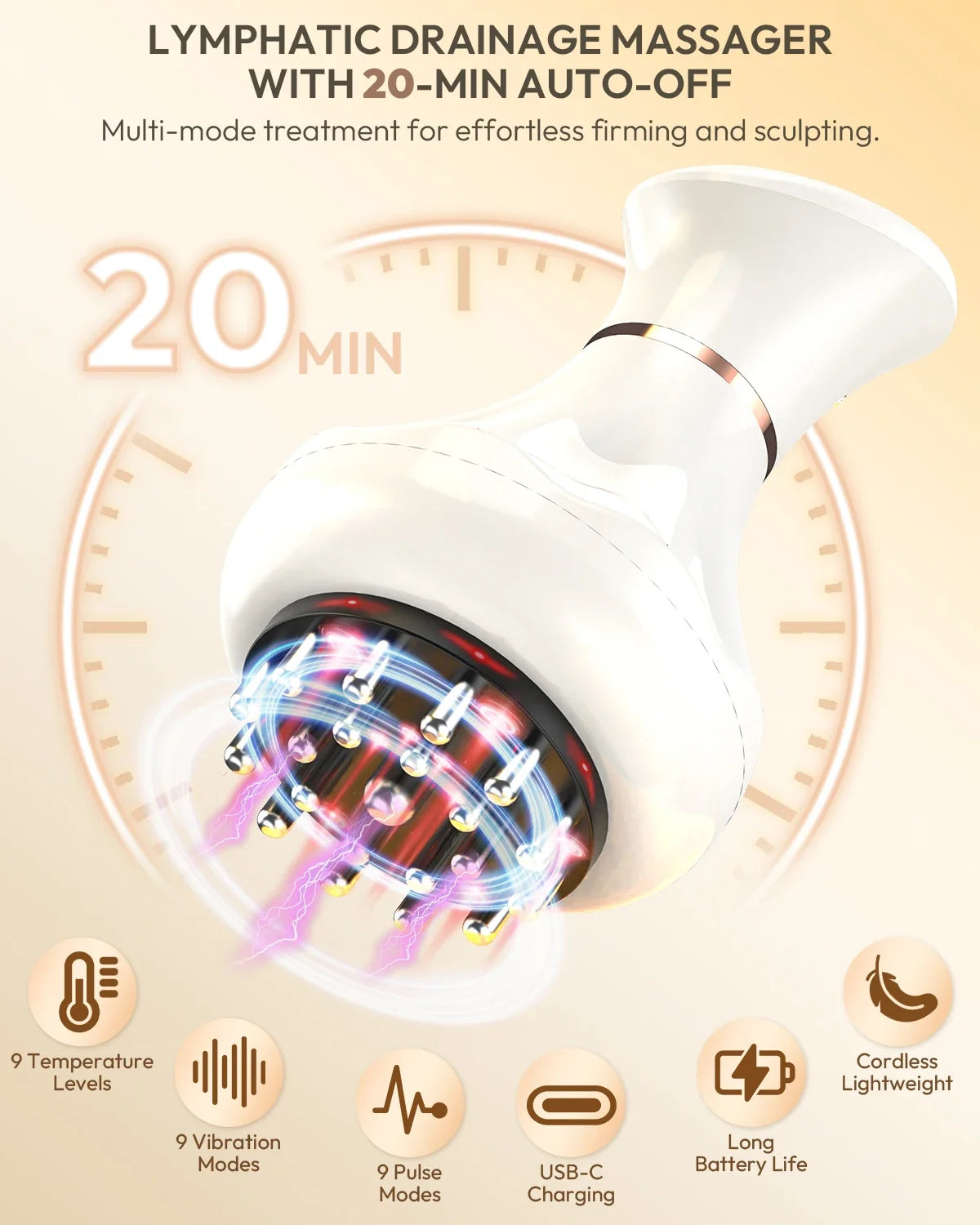 Heat-Enhanced Lymphatic Drainage Massager – Vibrating Body Massager with 3 Modes & 9 Levels of Intensity