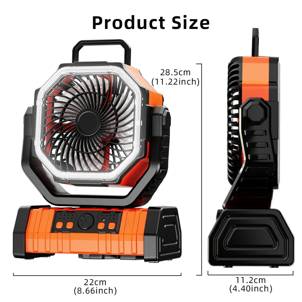 Portable 20000mAh Rechargeable Fan with LED Light & Hook for Outdoor Use