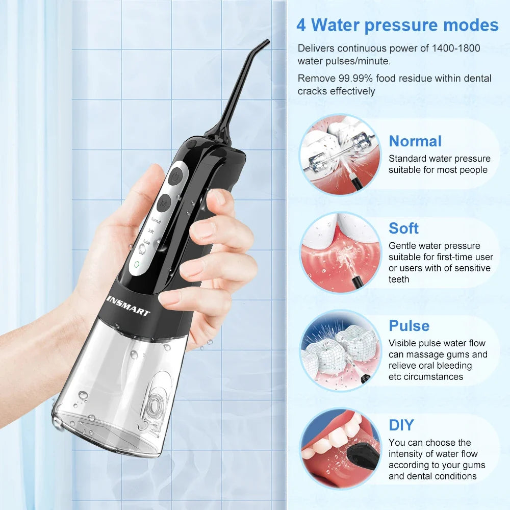 Water Flosser with 300ml Reservoir - USB-C Rechargeable, 4 Settings, IPX7 Waterproof